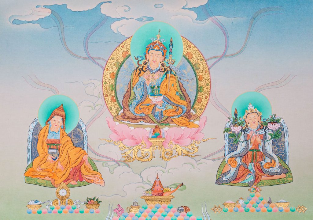 Padmasambhava with King Trisong Deutsen amd the Abbot Shantarakshita. Karma Ghadri style. 36x50cm.